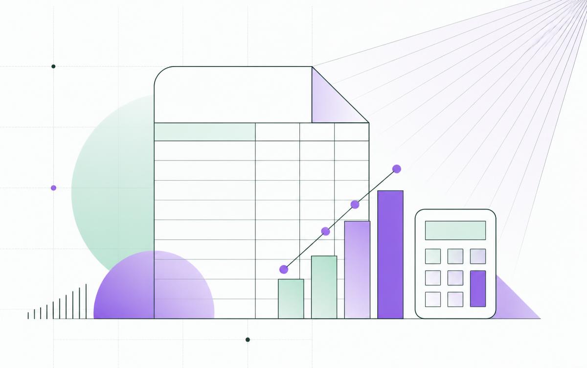 Minimal illustration of a ledger, rising bar chart and calculator in discoweb mint and violet tones