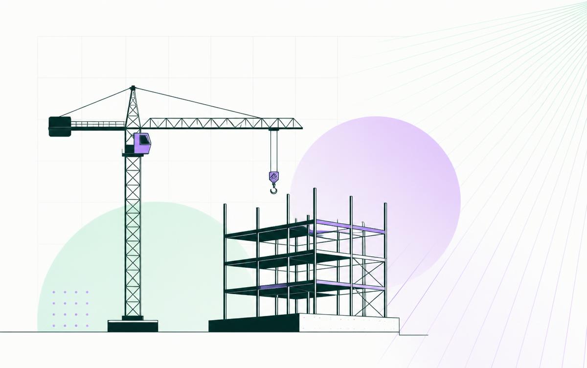 Minimal illustration of a tower crane above a steel-frame building in discoweb mint and violet tones