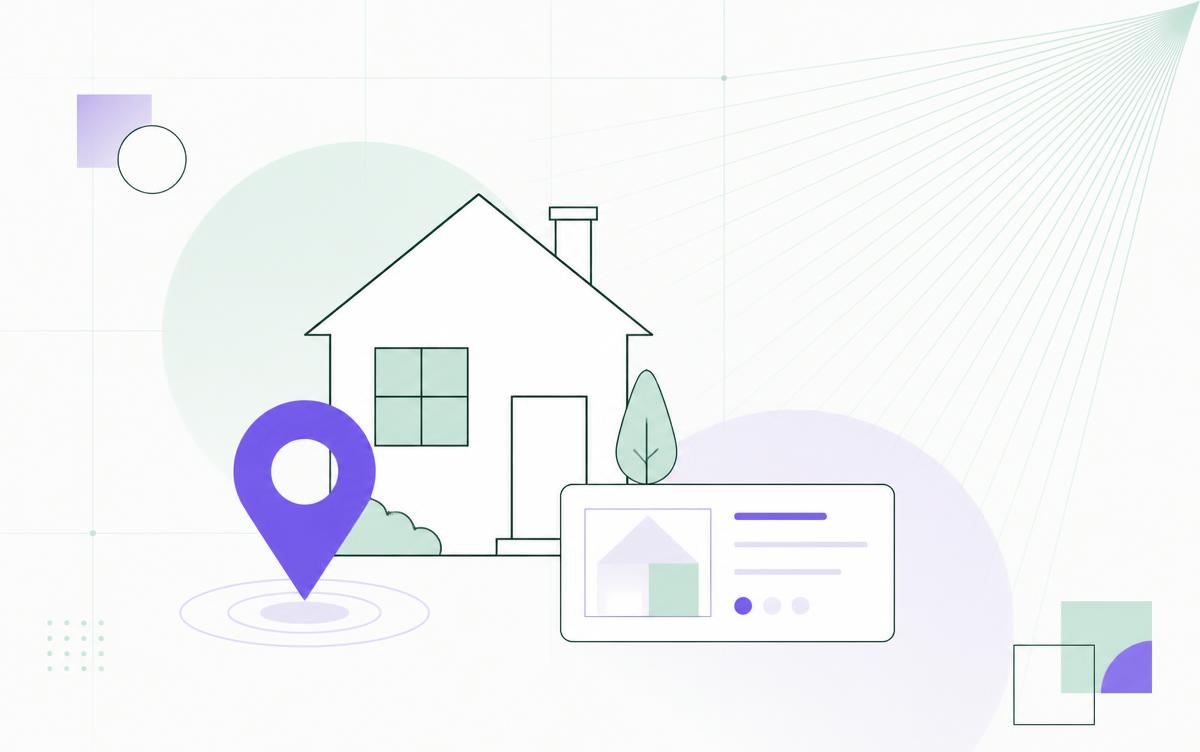 Minimal illustration of a house with a map pin and a property listing card in discoweb mint and violet tones