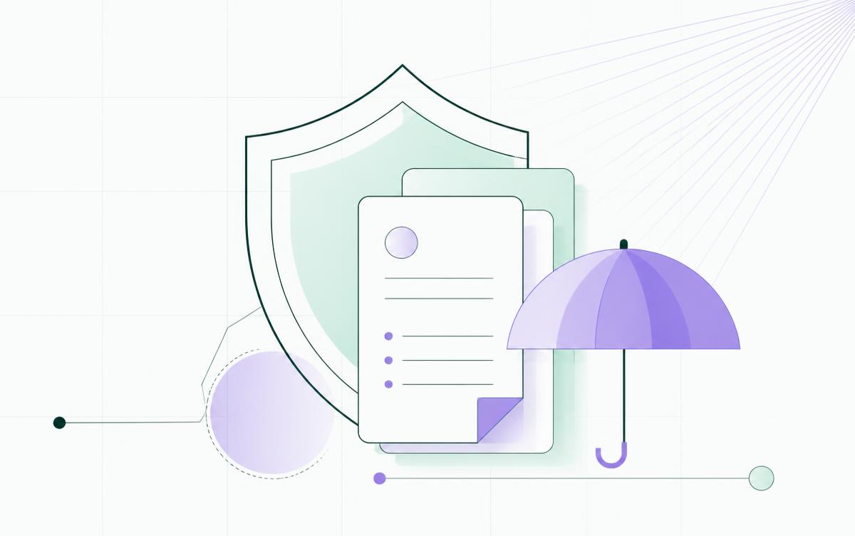Minimal illustration of a shield, policy documents and an umbrella in discoweb mint and violet tones