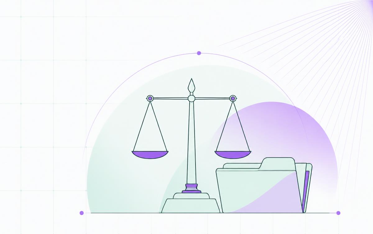 Minimal illustration of balance scales and a case file in discoweb mint and violet tones