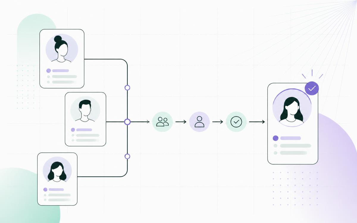 Minimal illustration of candidate cards flowing through a hiring pipeline in discoweb mint and violet tones