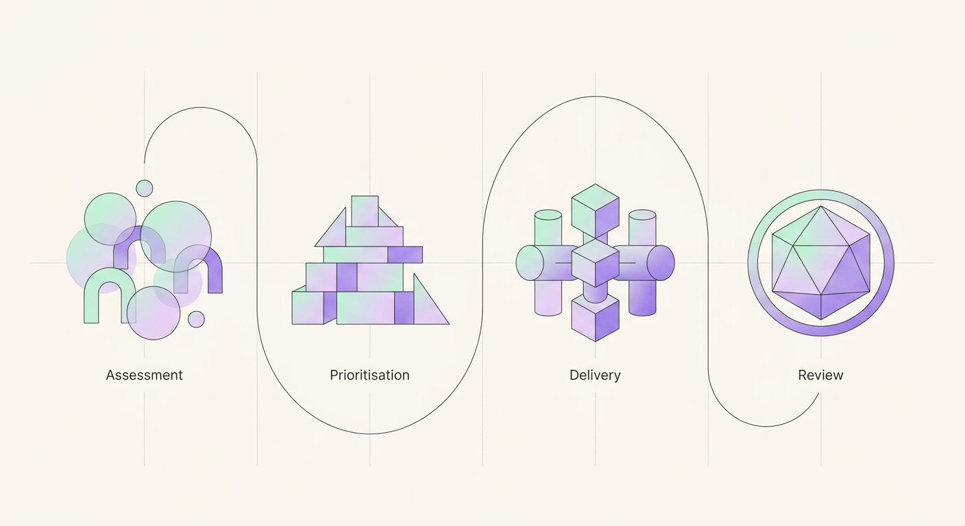 Four connected abstract forms progressing from scattered to ordered.